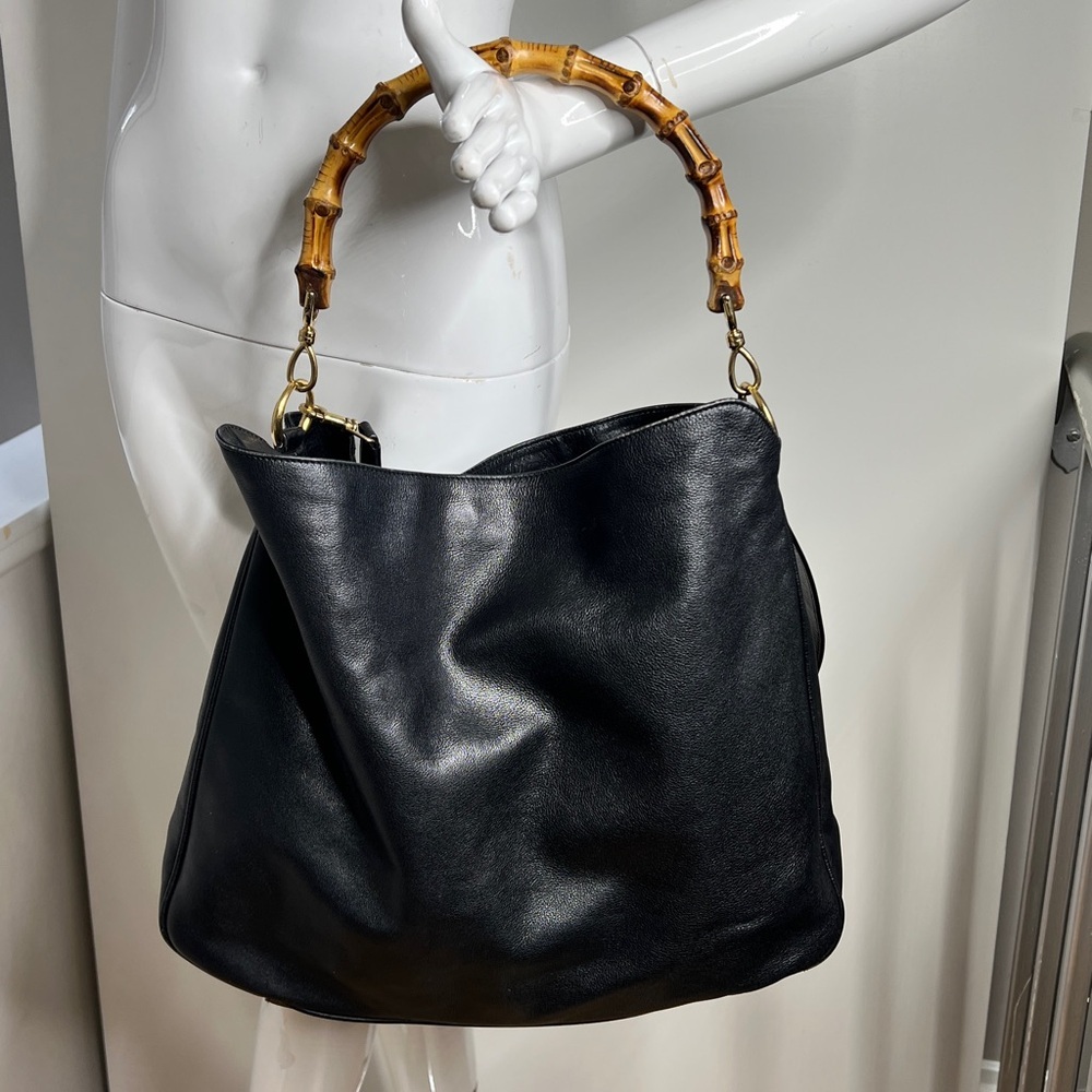 Gucci Black Leather Curved Bamboo Handle Leather Strap Crossbody Bag - Picture 5 of 11